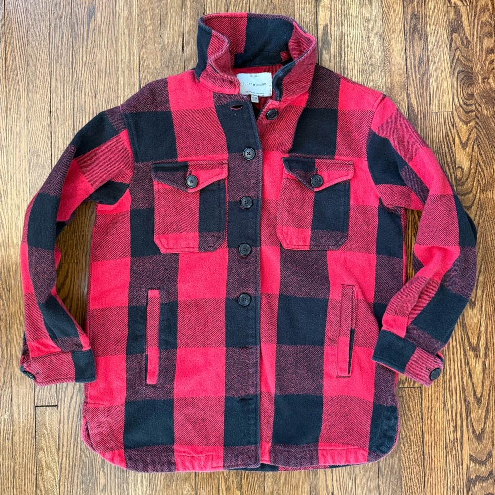 Lucky Brand Shacket Women Sz XS Red Black Plaid 100% Cotton Button Front Shacket
